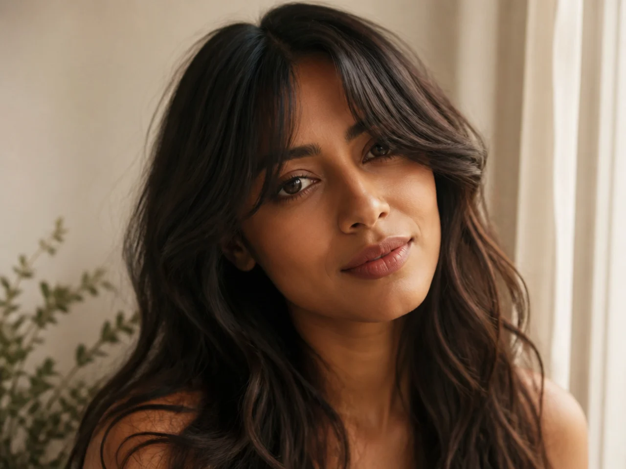 Curtain bangs parted down the middle on wavy hair