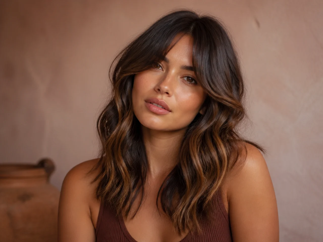 Curtain bangs with an off centre parting on wavy hair