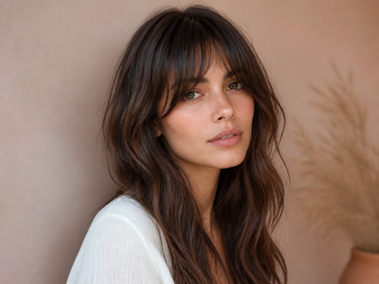 Curtain bangs above beach waves