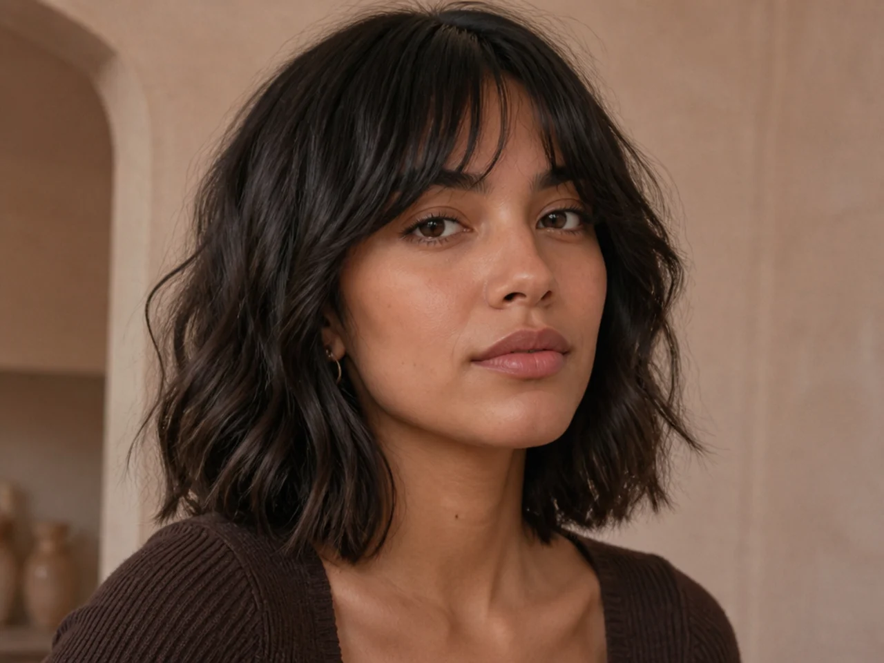 Curtain bangs above a blunt cut length on wavy hair