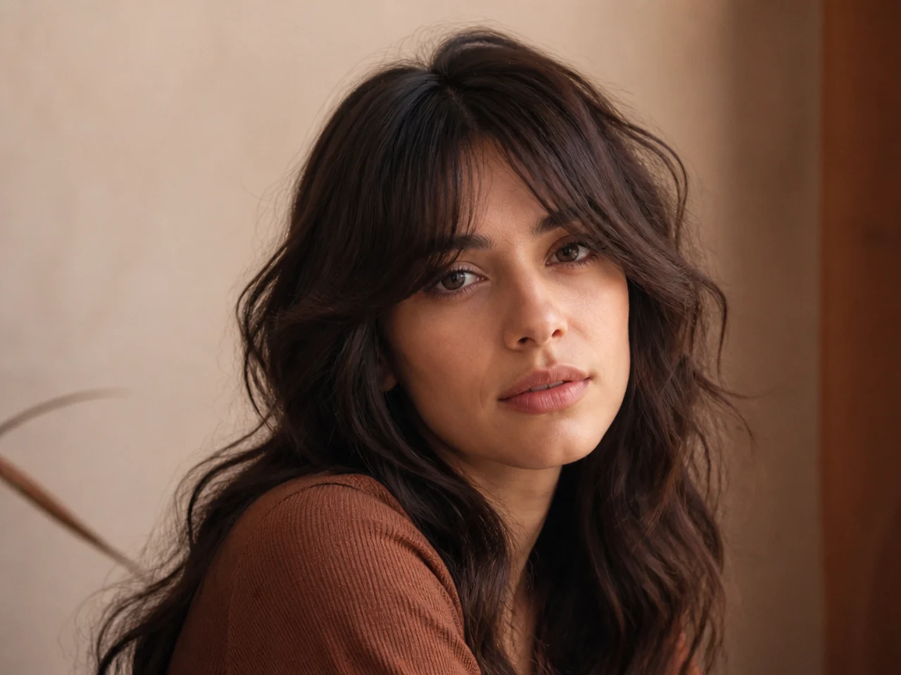 Curtain bangs cut long over a cowlick on wavy hair