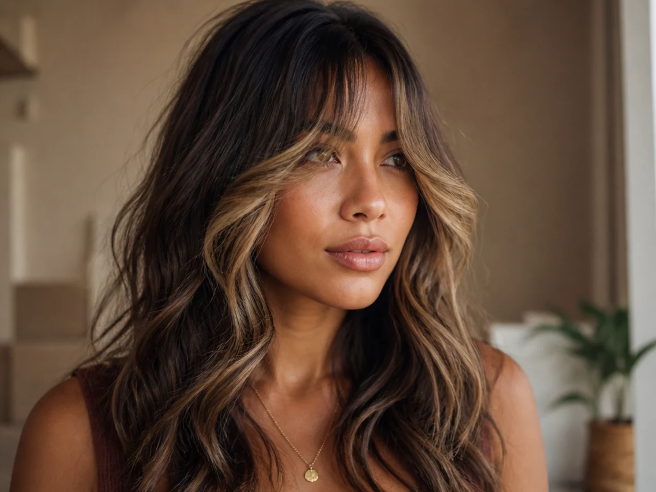 Curtain bangs lightened into a money piece on wavy hair