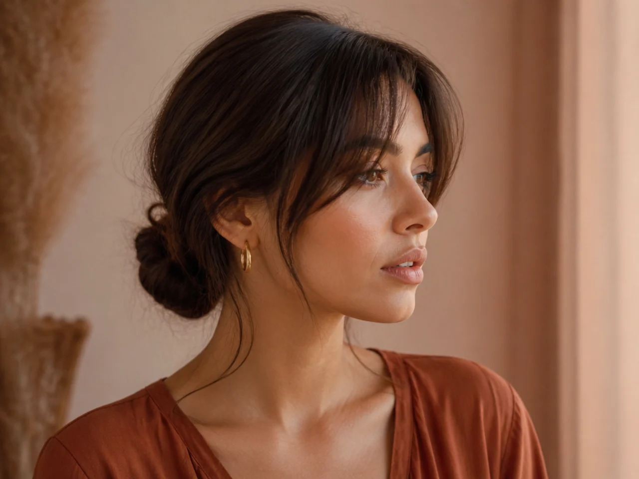 Curtain bangs worn with a low bun