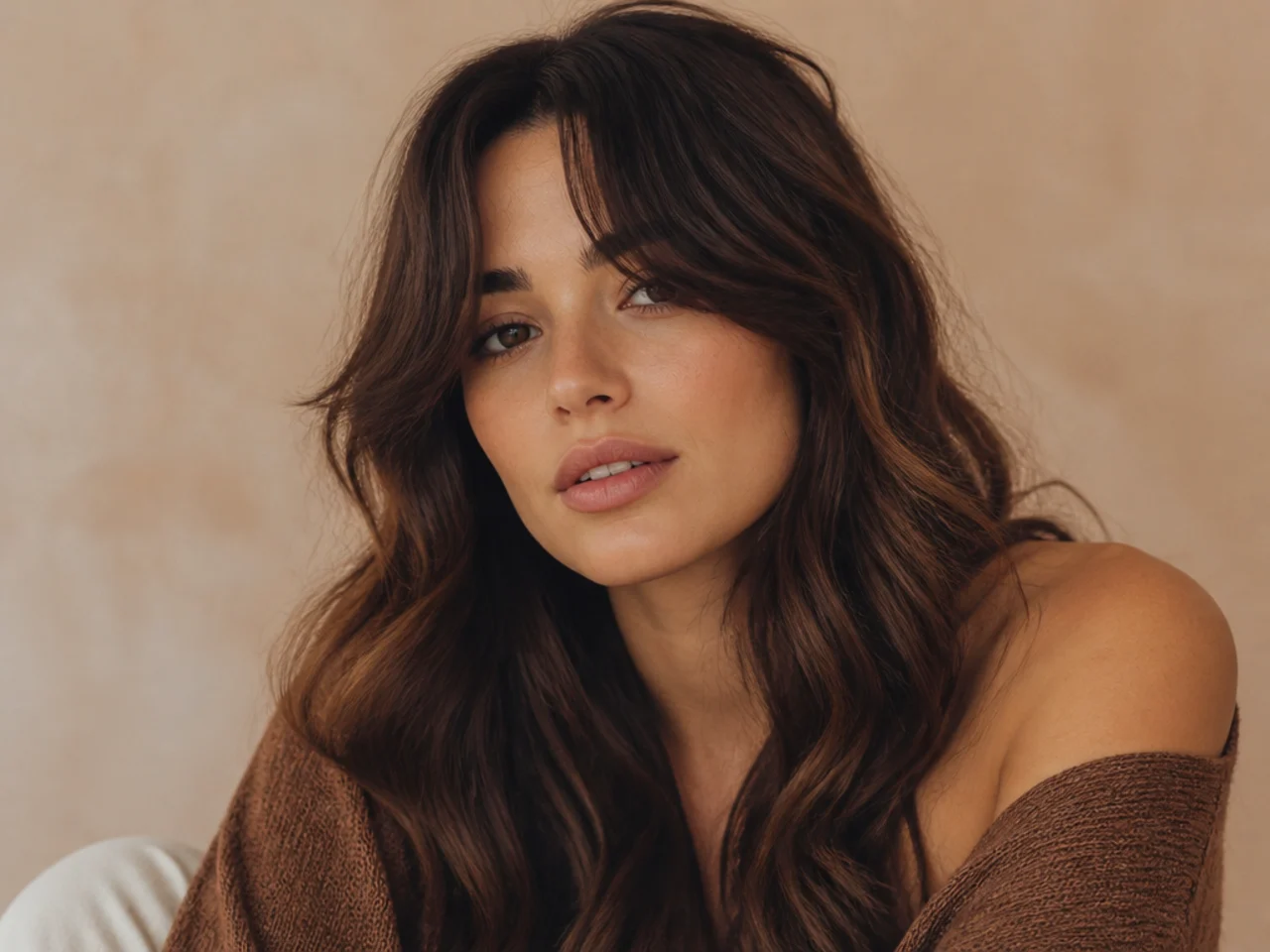 Grown out curtain bangs on long wavy hair