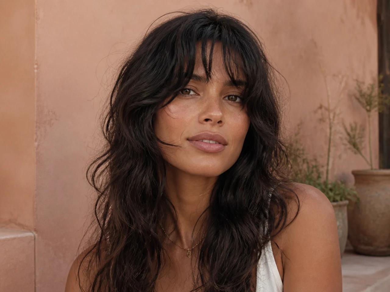 Curtain bangs on wavy hair in humid weather