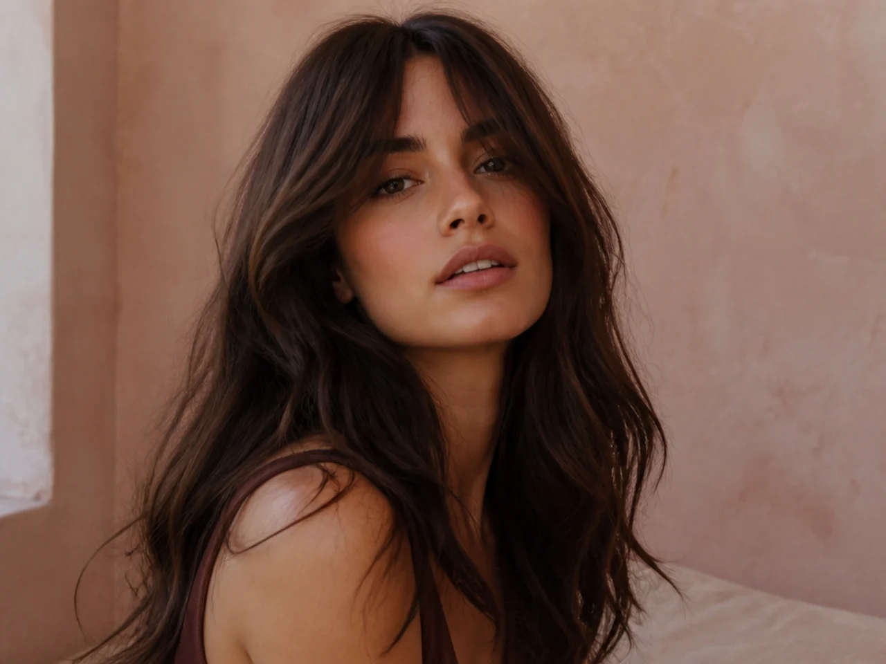 Air dried curtain bangs on long wavy hair
