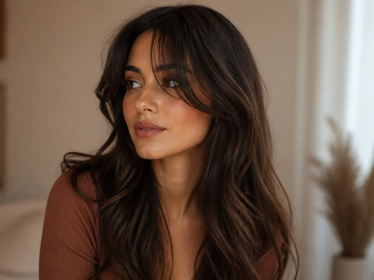 Three quarter view of curtain bangs on long wavy hair