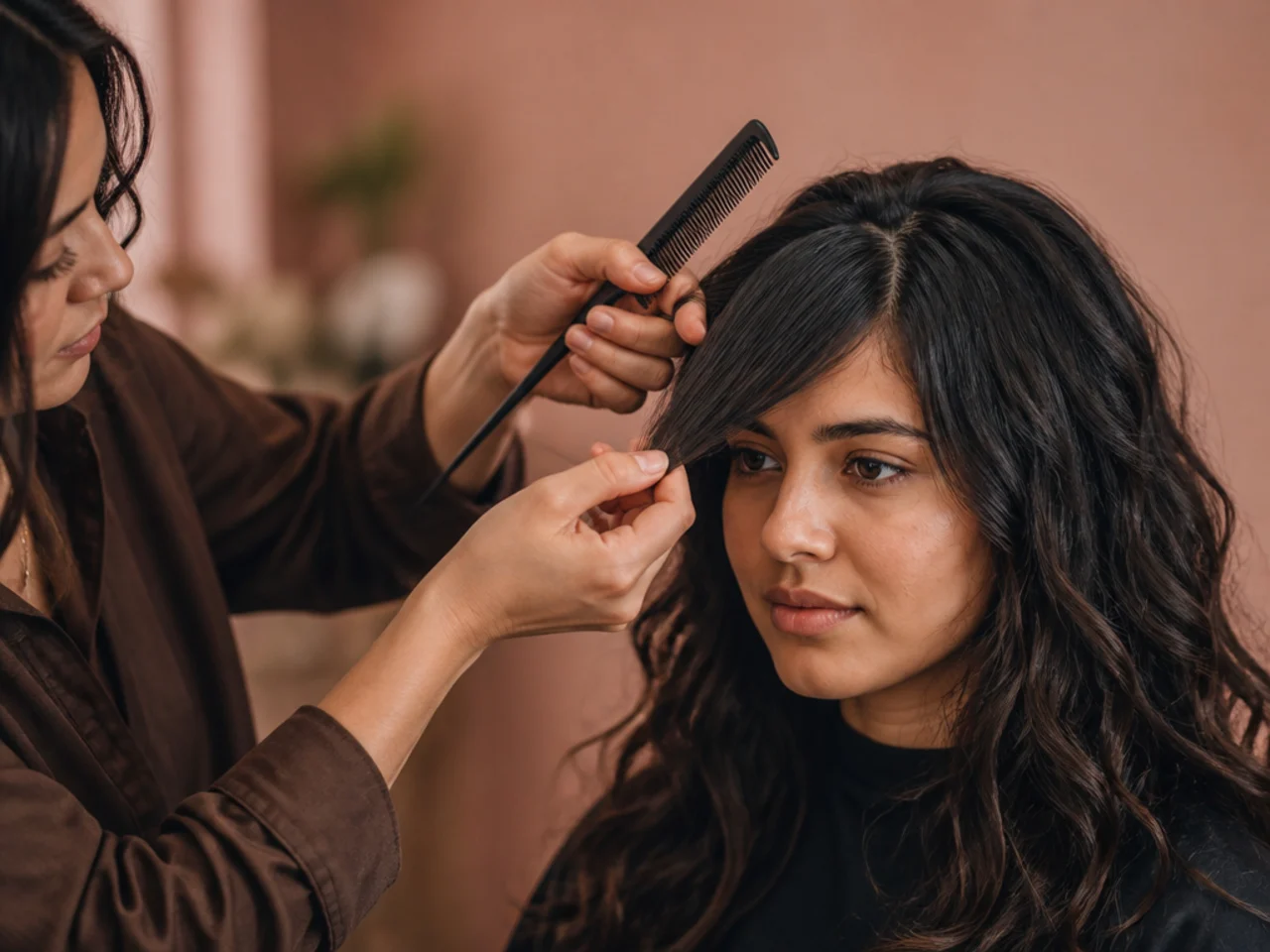 A stylist sectioning a fringe on dry wavy hair