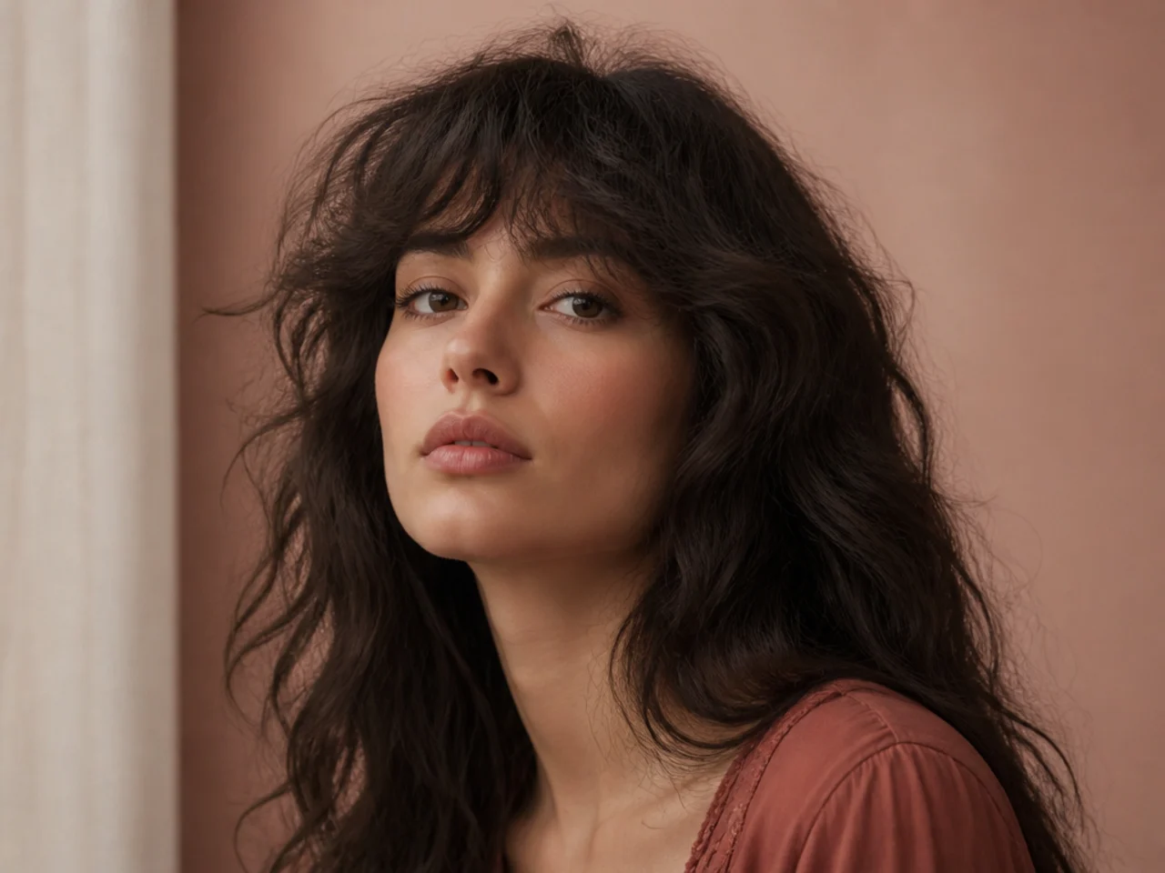A wavy fringe brushed out into frizz