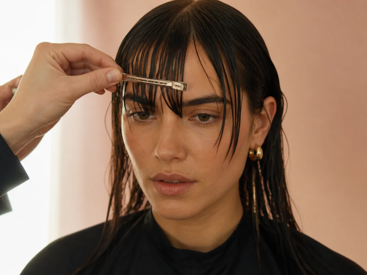 A damp curtain fringe being clipped into position