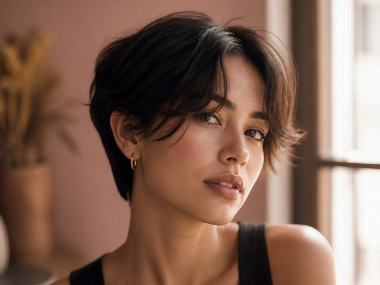 A bixie cut with long curtain bangs at the front and a close cut back