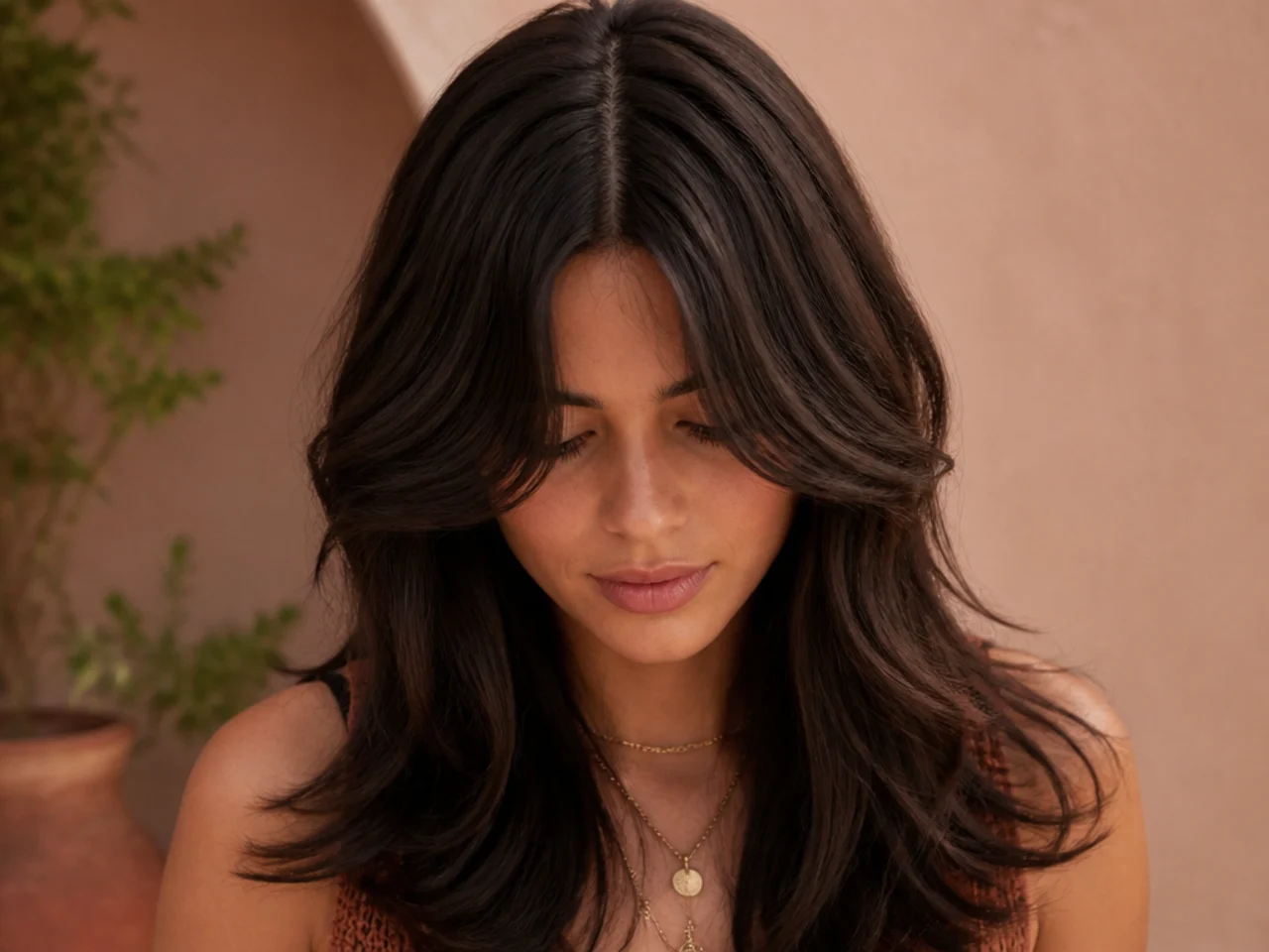 A deep central parting with the fringe falling to both sides