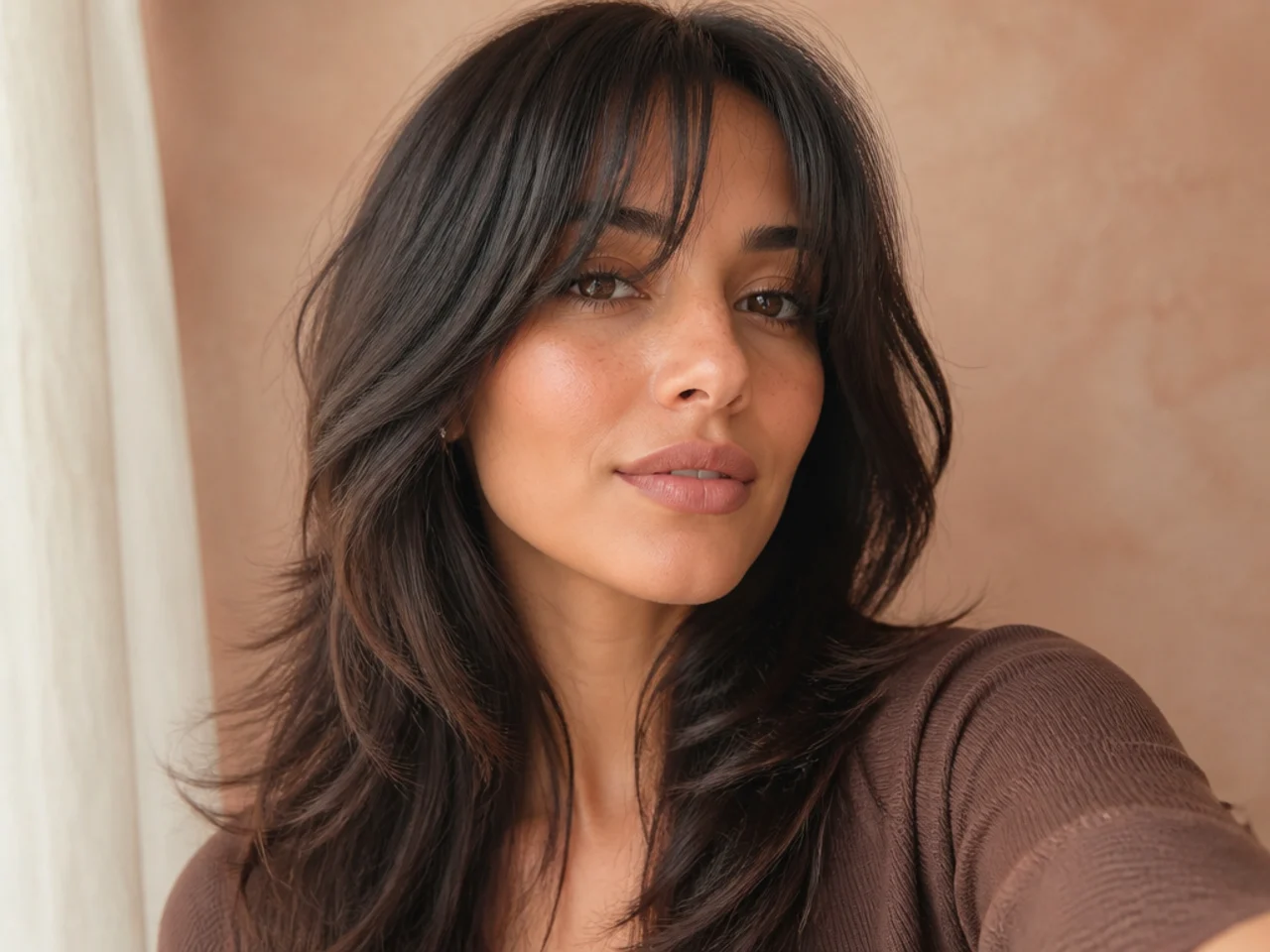 A softly feathered curtain fringe with airy ends