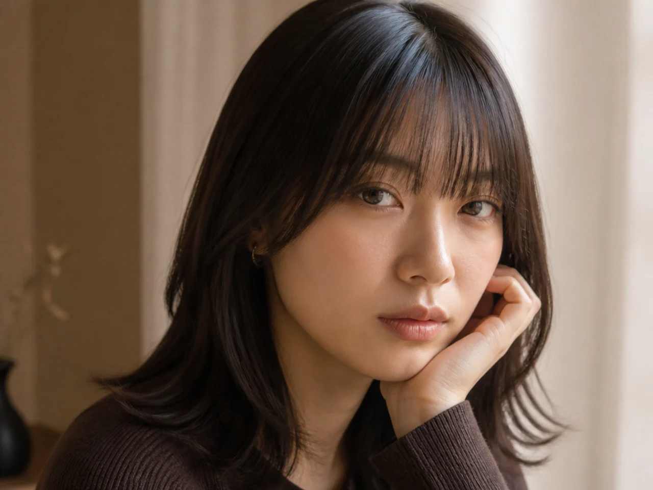 A curtain fringe cut to a clean blunt edge on fine hair