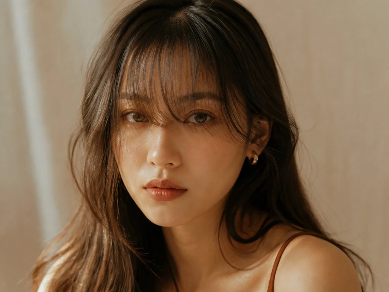 A wispy see through curtain fringe over the brows