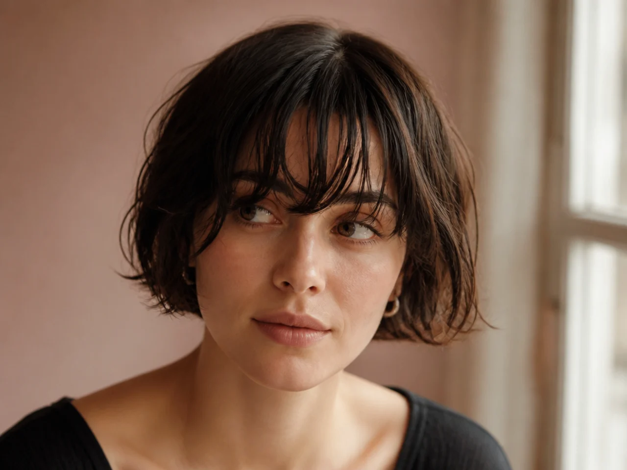 A curtain fringe left to air dry in position on short hair
