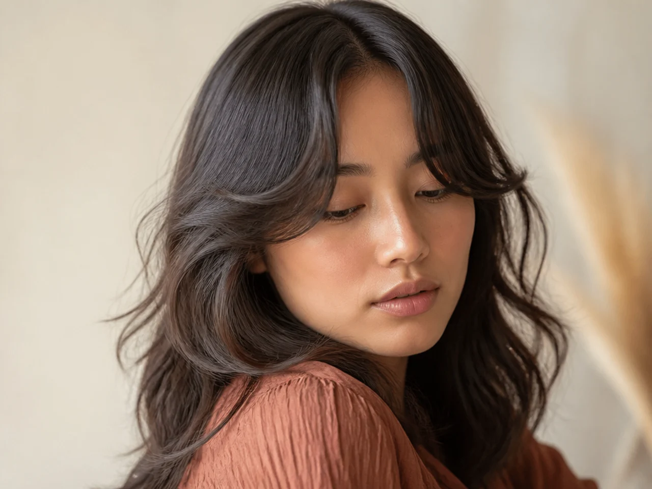 A curtain fringe on wavy fine hair bending naturally away from the face