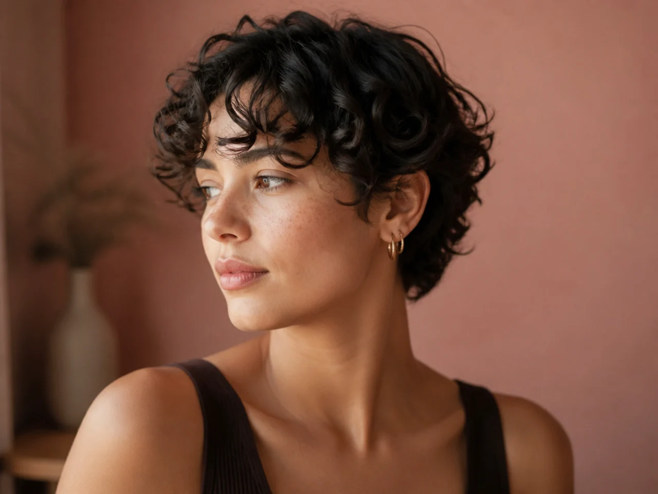 A curly curtain fringe cut dry on fine short hair