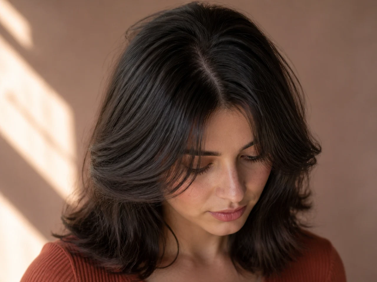 A curtain fringe split along a cowlick at the front hairline