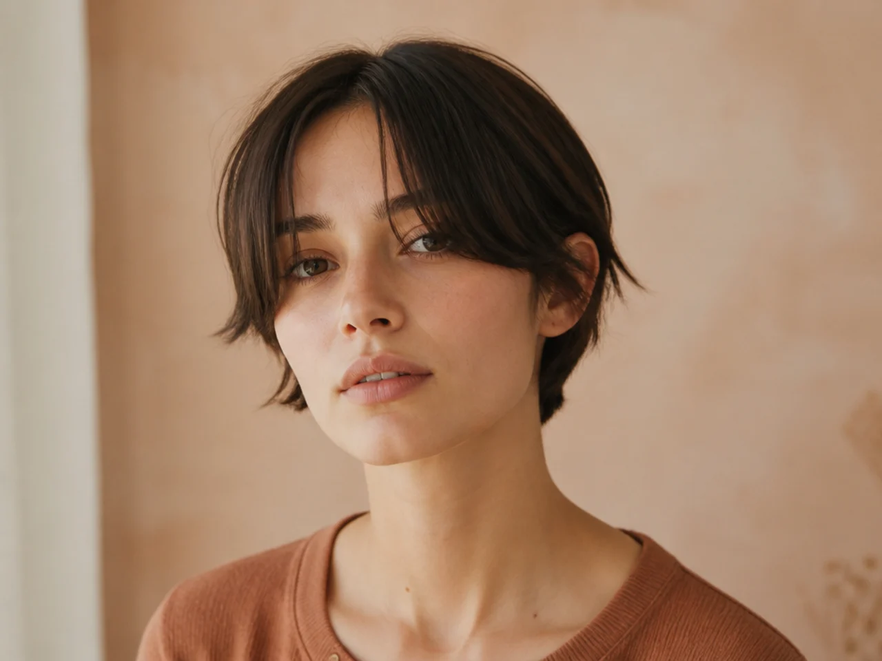 A curtain fringe cut to nose length on fine short hair
