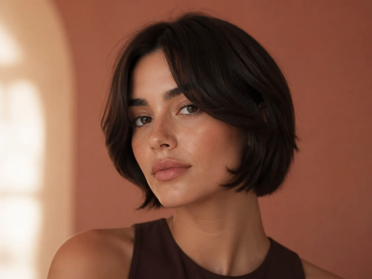 A jaw length curtain fringe merging into the sides of a short cut
