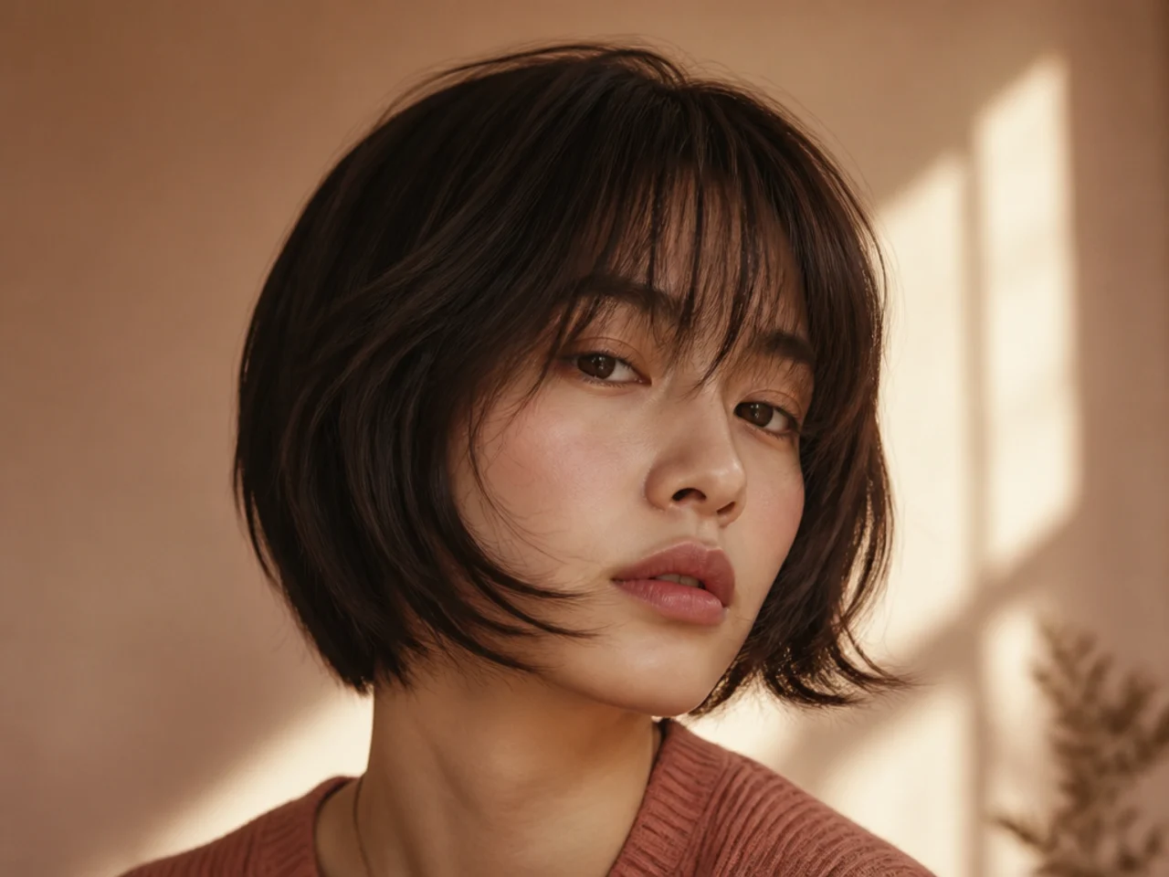 A soft curtain fringe grazing the chin on a short haircut