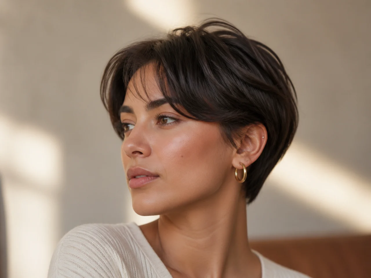 A pixie cut with soft curtain bangs split at the front