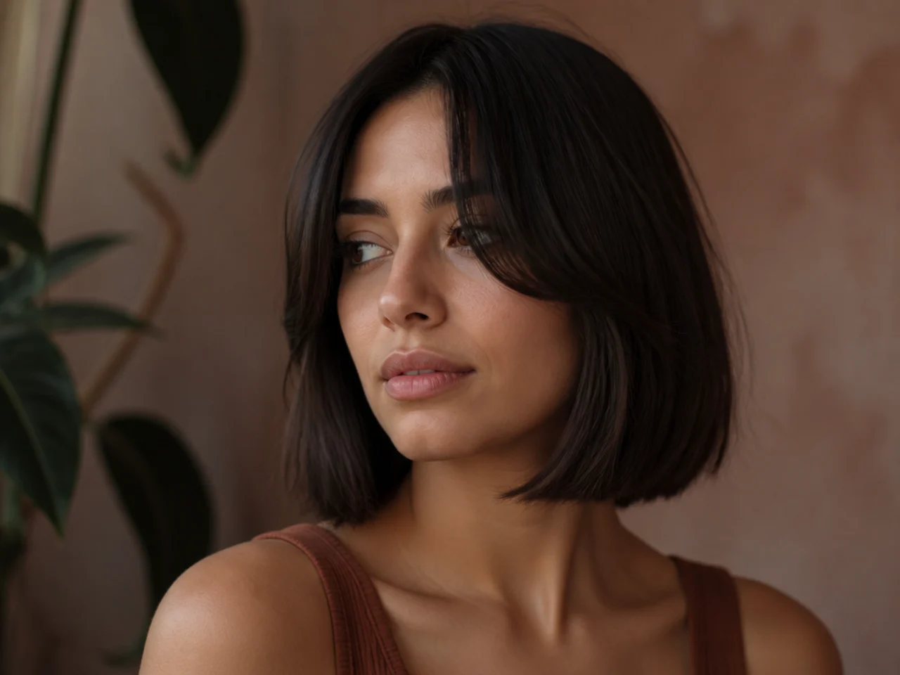 A blunt bob with a curtain fringe cut to a clean edge