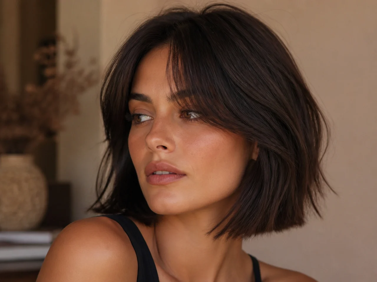 A softly layered bob with a curtain fringe at the front