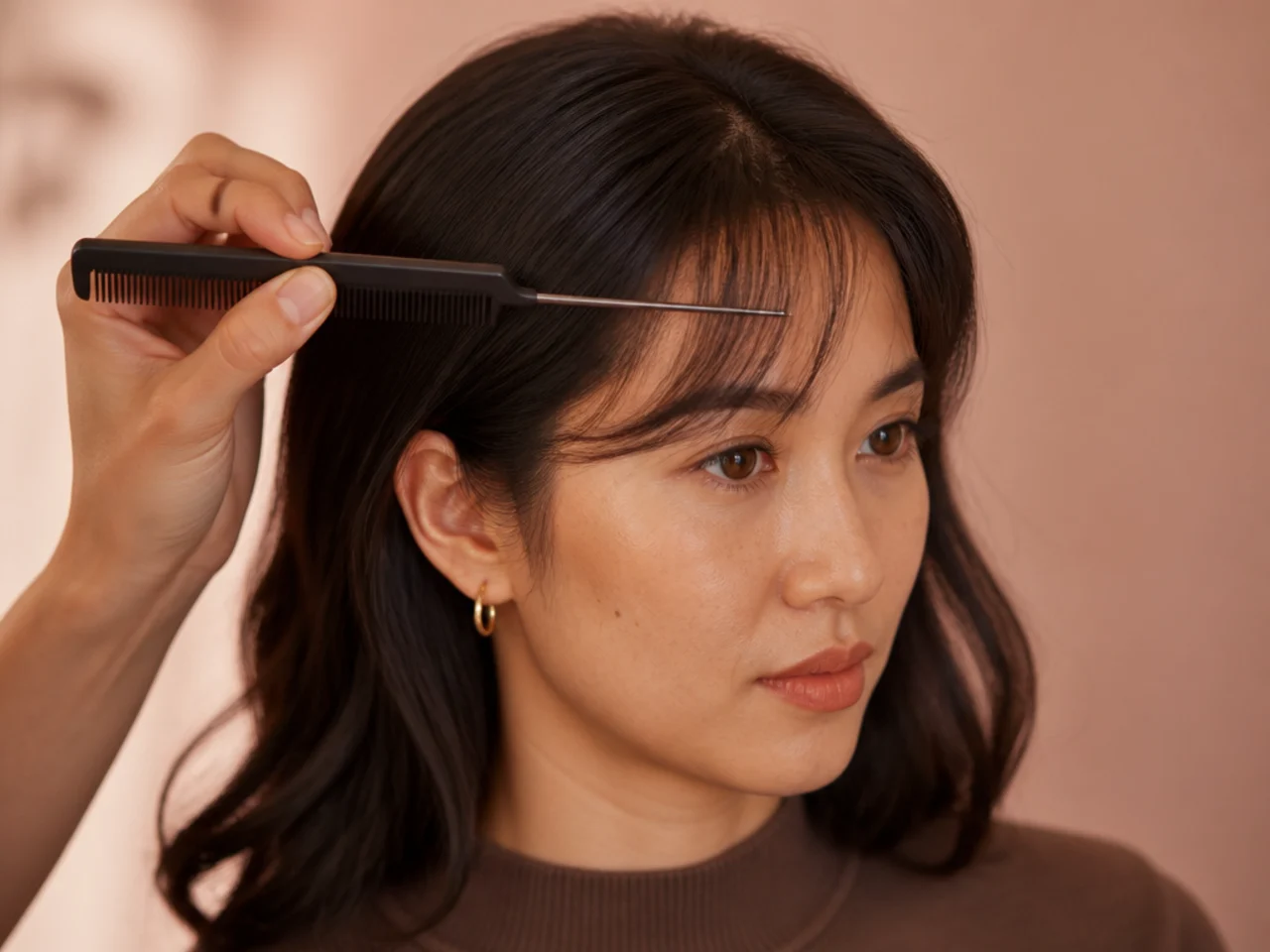 A comb measuring the depth of a fringe section back from the hairline