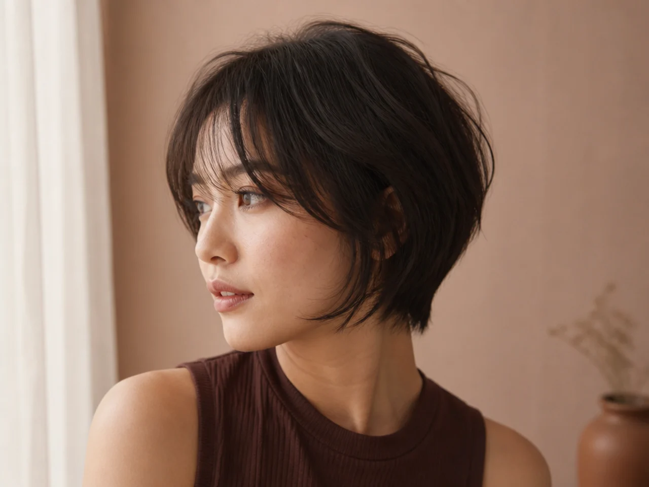 Three quarter view of short fine hair with finished curtain bangs
