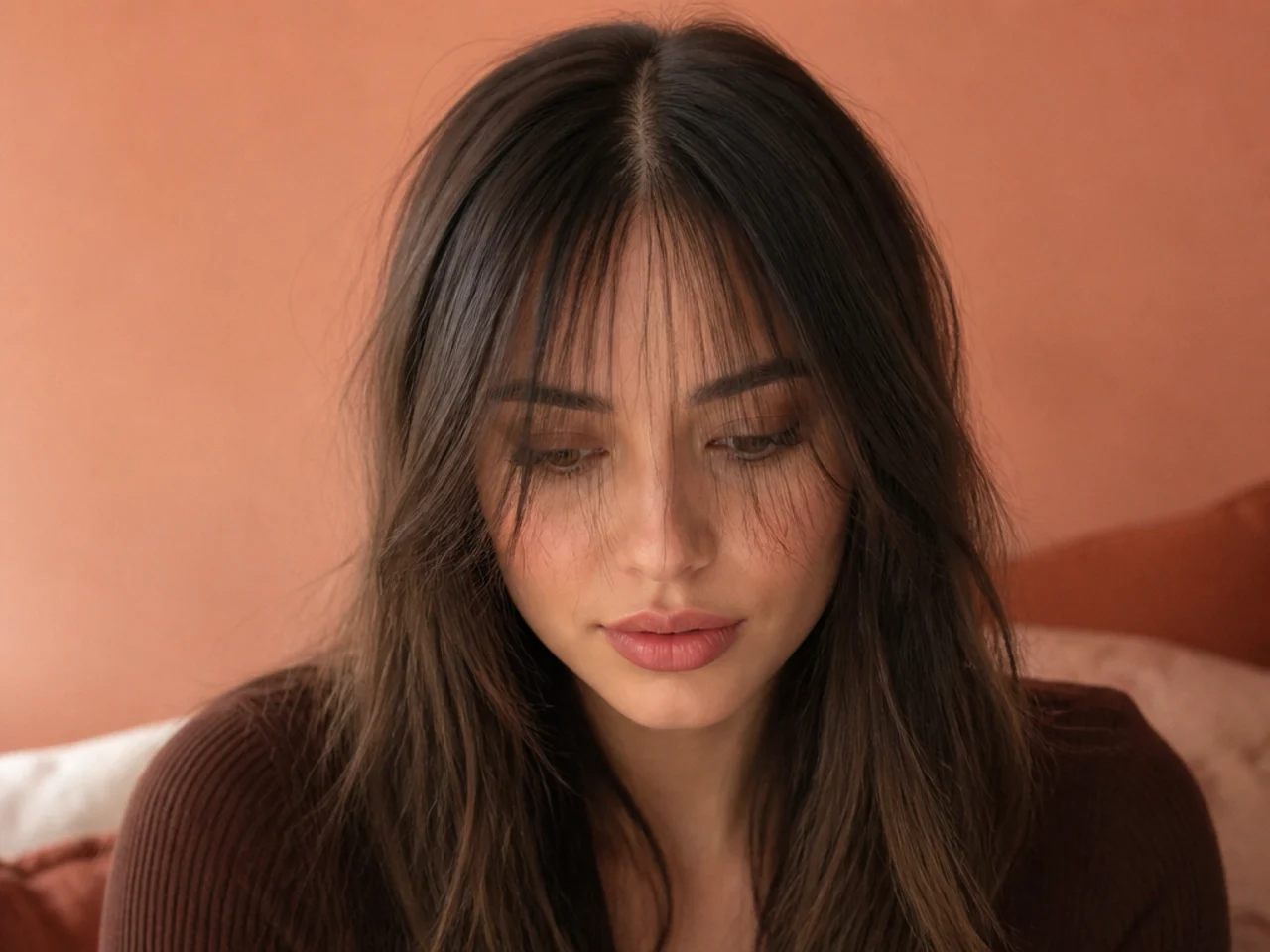 A fine curtain fringe cut too deep, showing a thin parting behind it