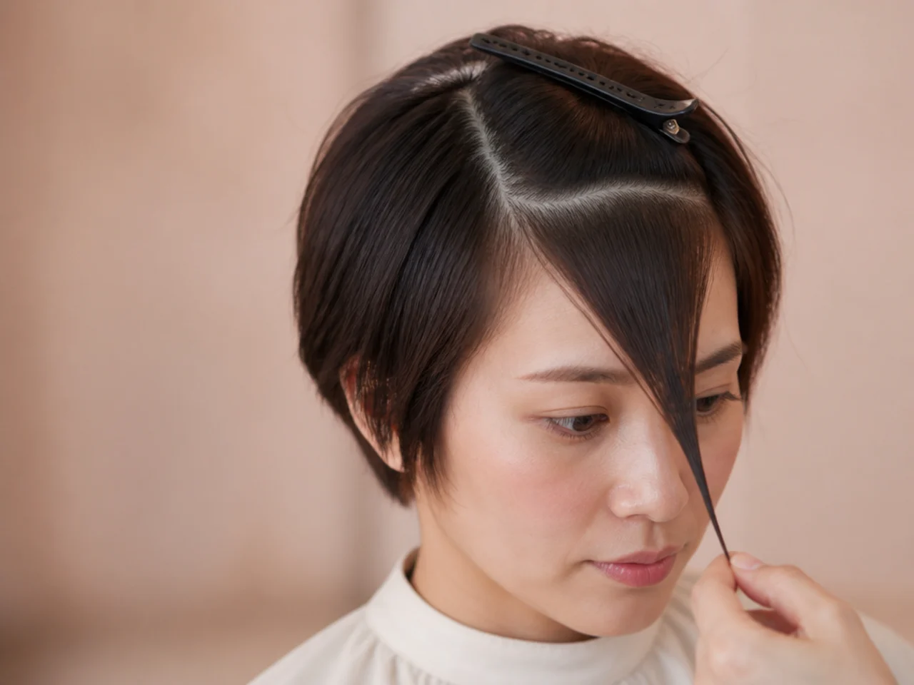A shallow triangular fringe section clipped out from the front of fine short hair