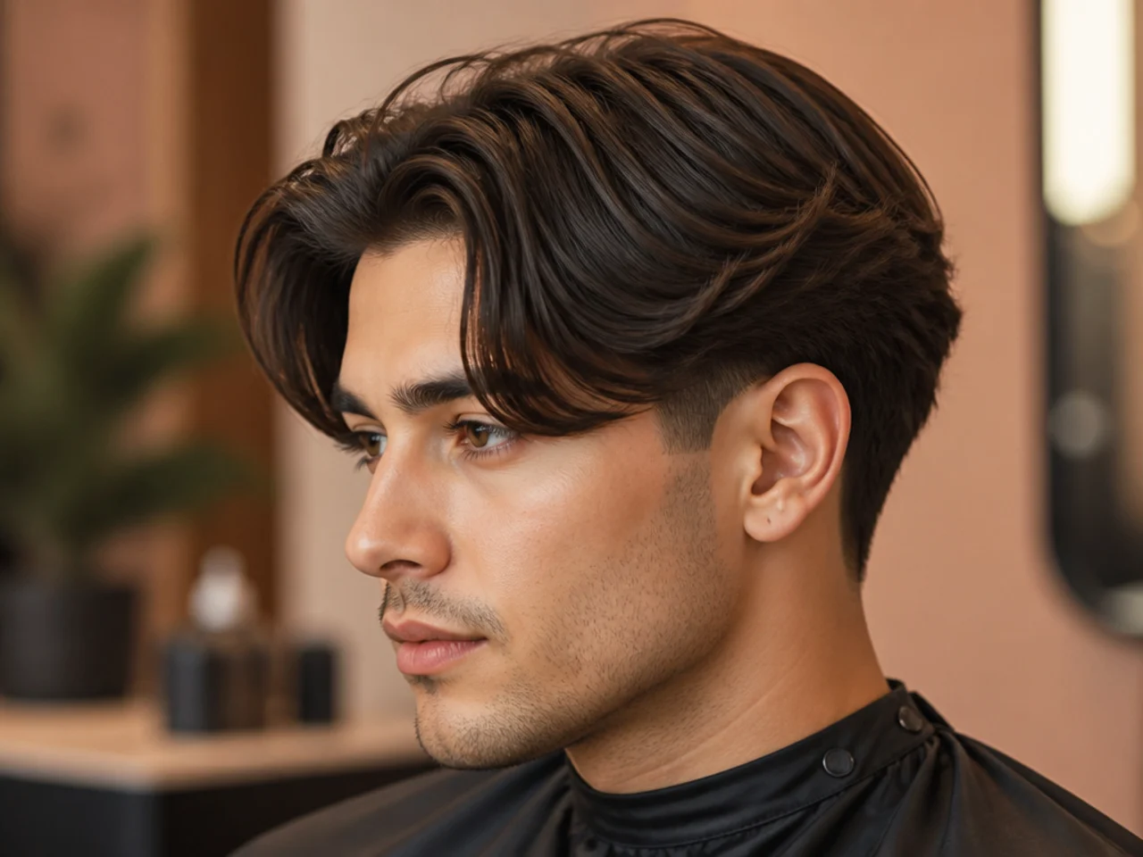 Blowout taper curtain fade with lifted volume at the front dropping into a center split and tapered sides
