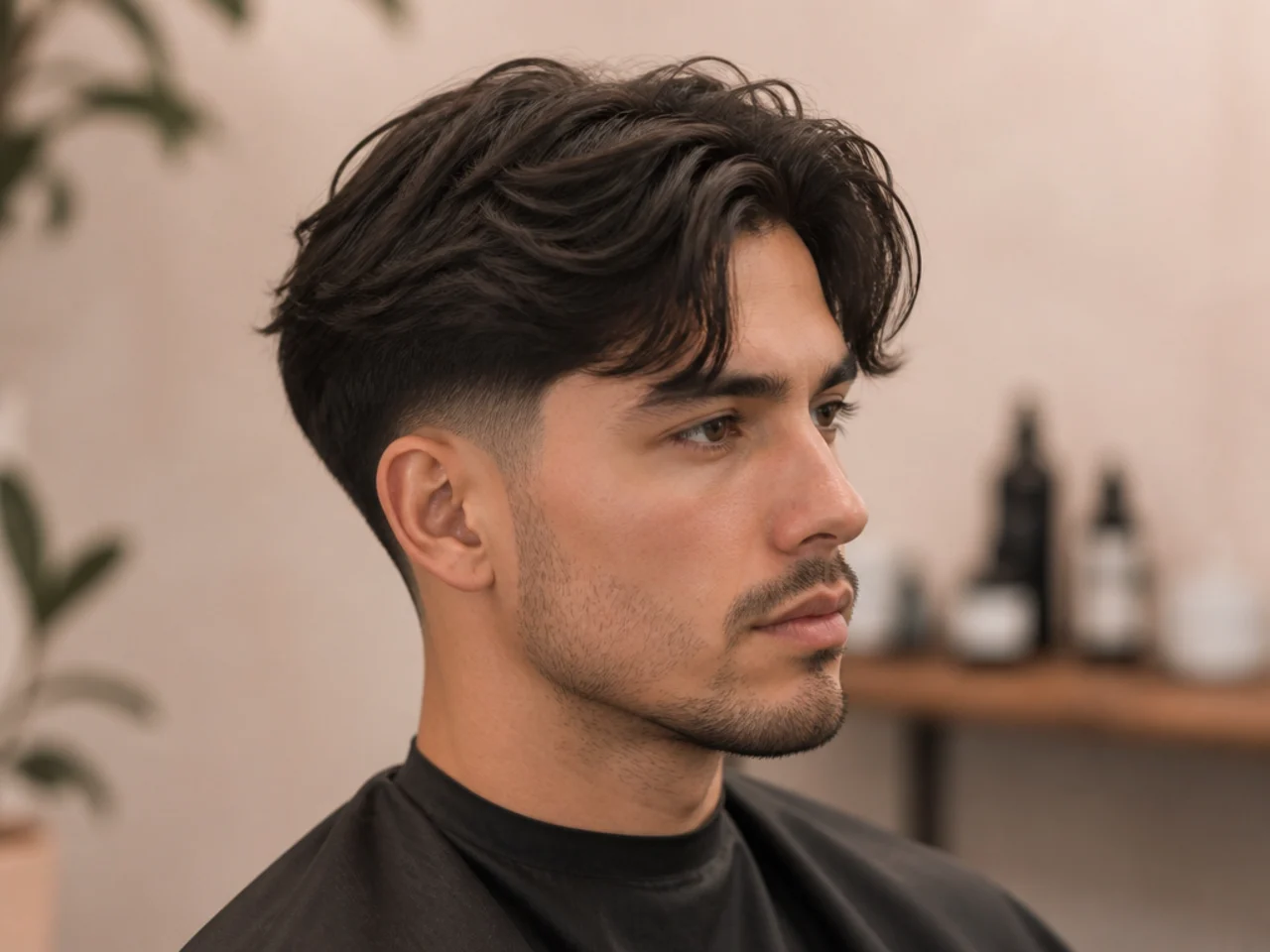 Classic curtain fade haircut with four inches on top parted center over a low taper fade on a young man with straight brown hair