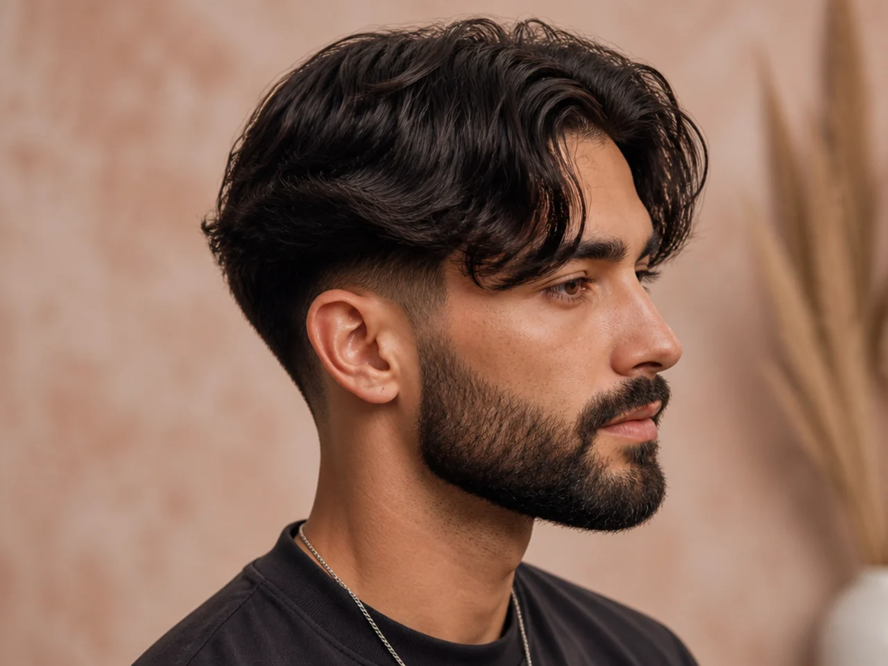 Curtain fade paired with a short faded beard so the hair and beard read as one continuous framing oval