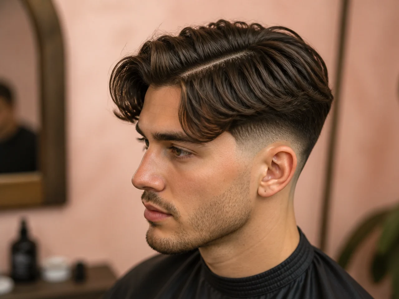 Curtain fade with a hard part shaved into the side and a mid fade blending into a defined line