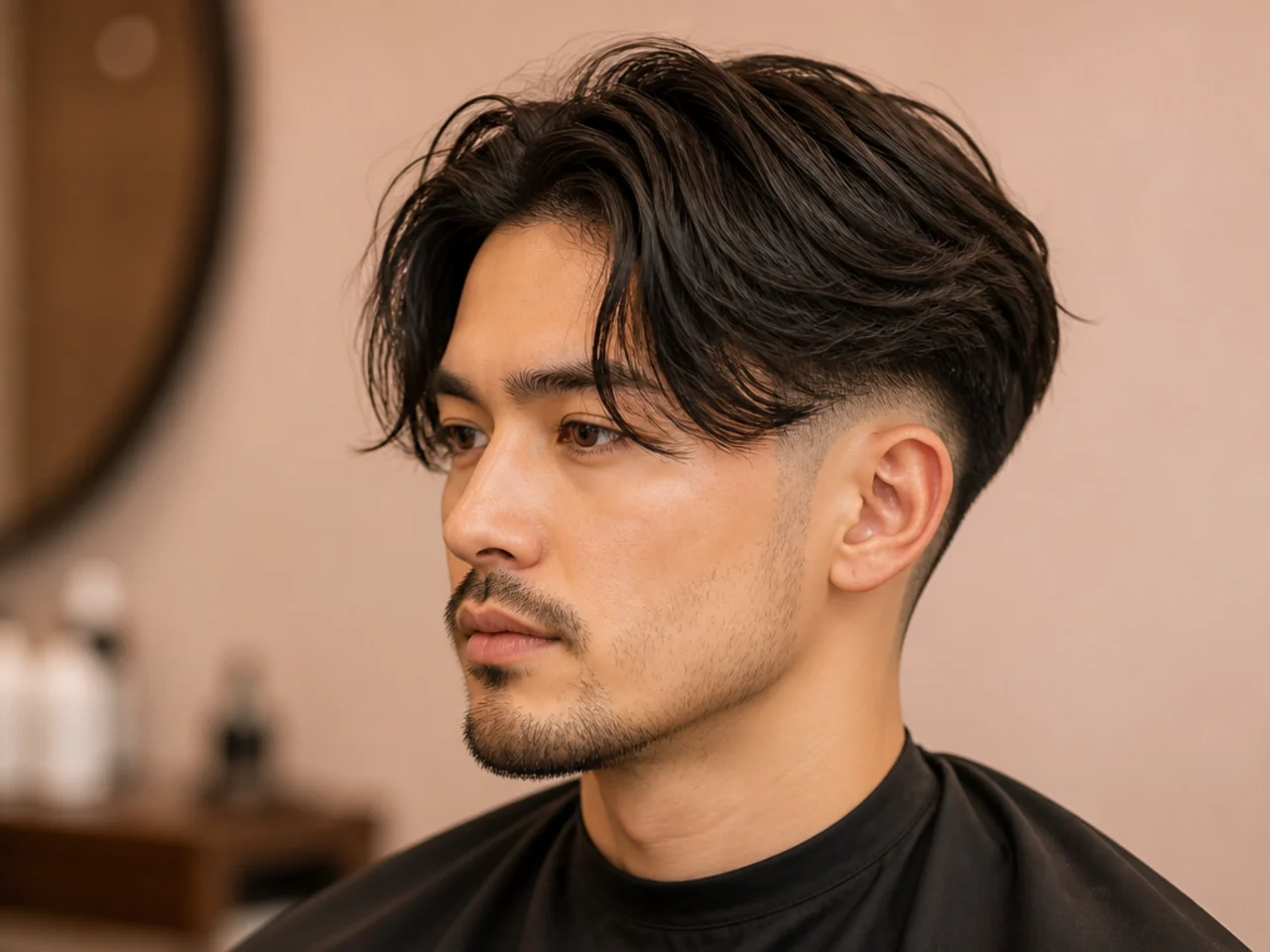 Drop fade curtain haircut with the fade curving down around the ear and a four-inch curtain on top