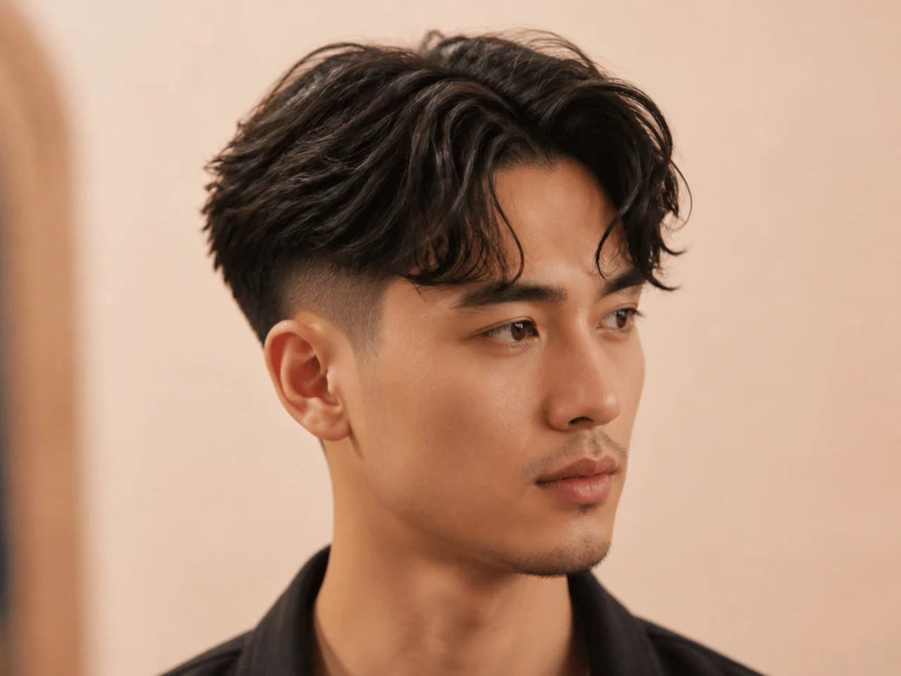 High fade curtain haircut with the fade taken above the parietal ridge and a longer four-inch curtain on top
