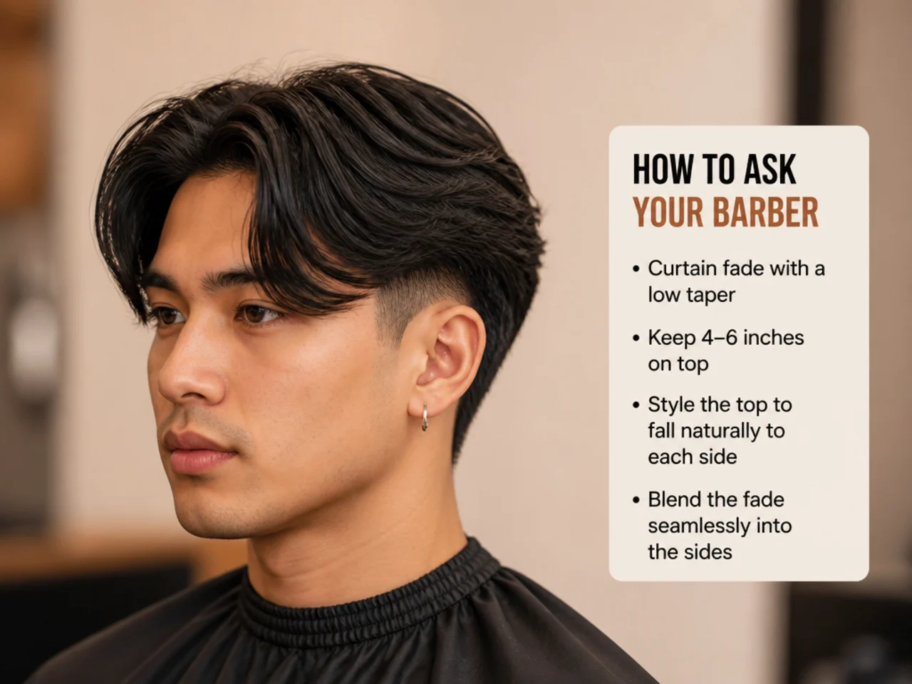 Client showing a phone reference photo of a curtain fade to a barber in a modern barbershop