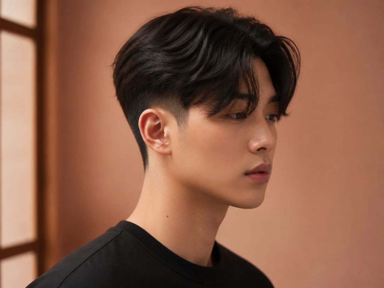 Korean curtain fade with a feathered fringe and low taper on an East Asian man with straight black hair