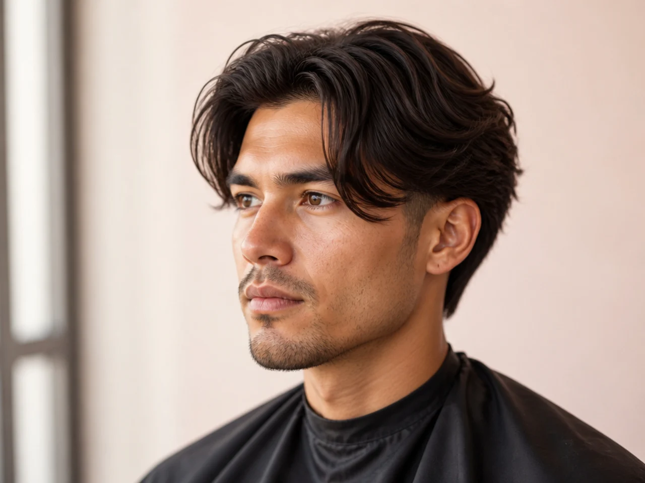 Long curtain fade with six inches of hair on top reaching past the cheekbones and a low taper fade on the sides
