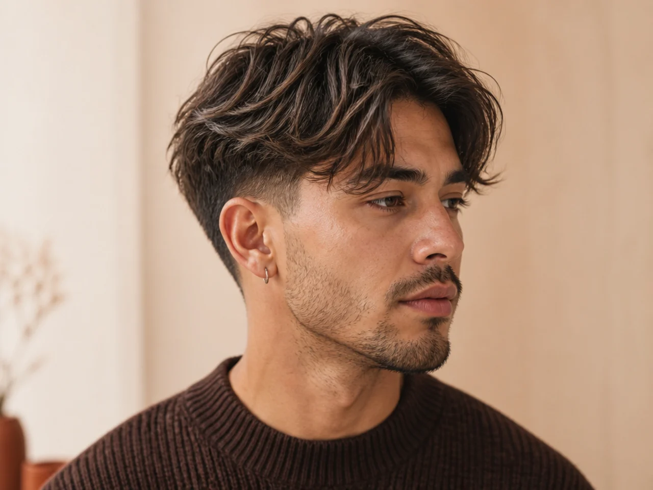 Messy curtain fade with piecey point-cut ends and a deliberately unpolished center split on a young man