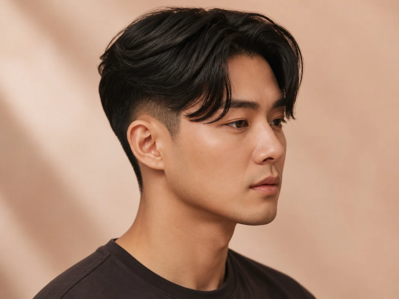 Mid fade curtain haircut with the fade starting at the temple and a four-inch curtain on top with defined center part