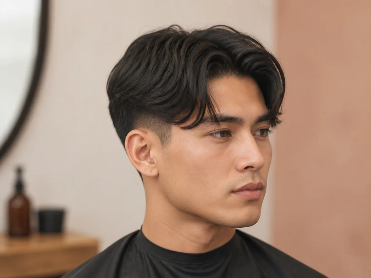 Middle part curtain fade with a razor-sharp center part and low taper fade on a young man with straight brown hair