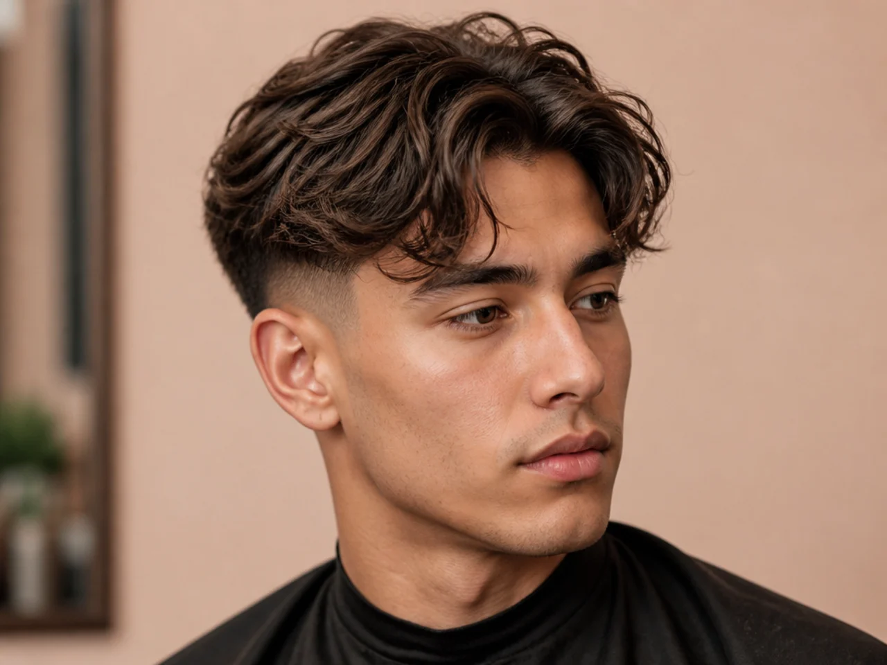 Short curtain fade with a three-inch top and a low taper fade above the ear on a young professional man