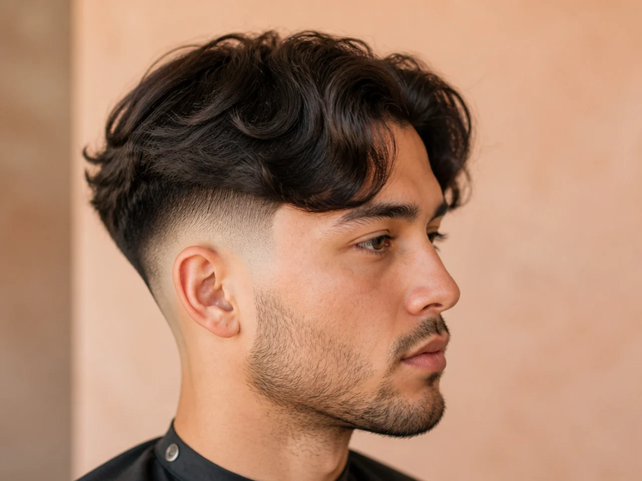Skin fade curtain haircut with a bald fade at the perimeter and a five-inch middle-parted curtain sitting on top