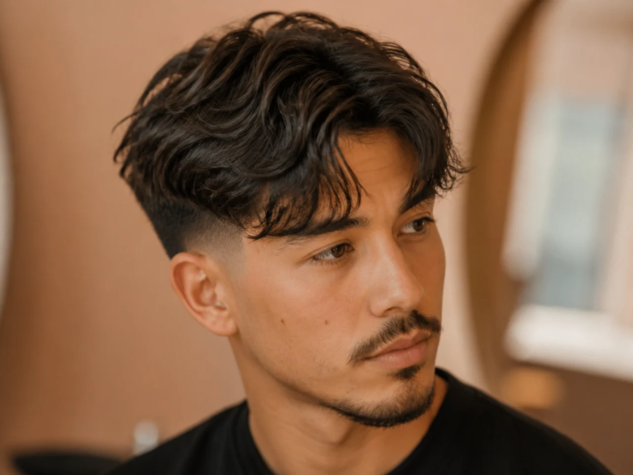 Textured curtain fade with piecey point-cut ends on top and a low taper fade on the sides
