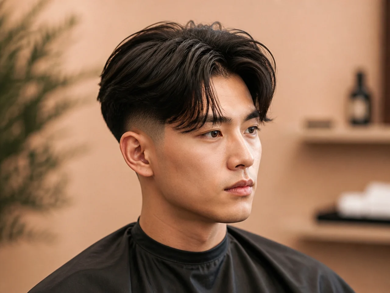 Two-block curtain fade with a buzzed underlayer covered by a longer scissor layer and a low taper at the perimeter