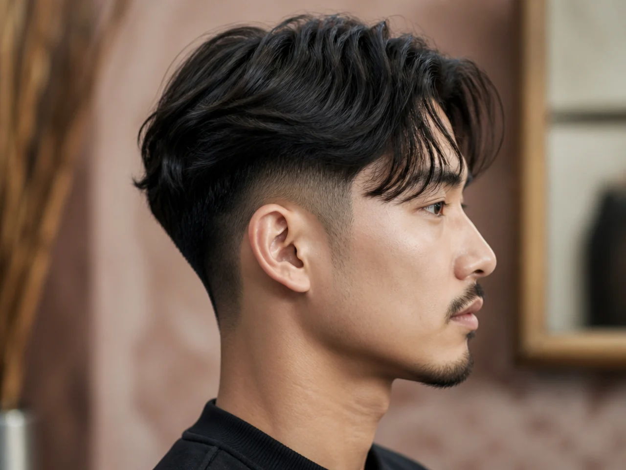 Undercut curtain fade with a disconnected one-length curtain top dropping over buzzed sides